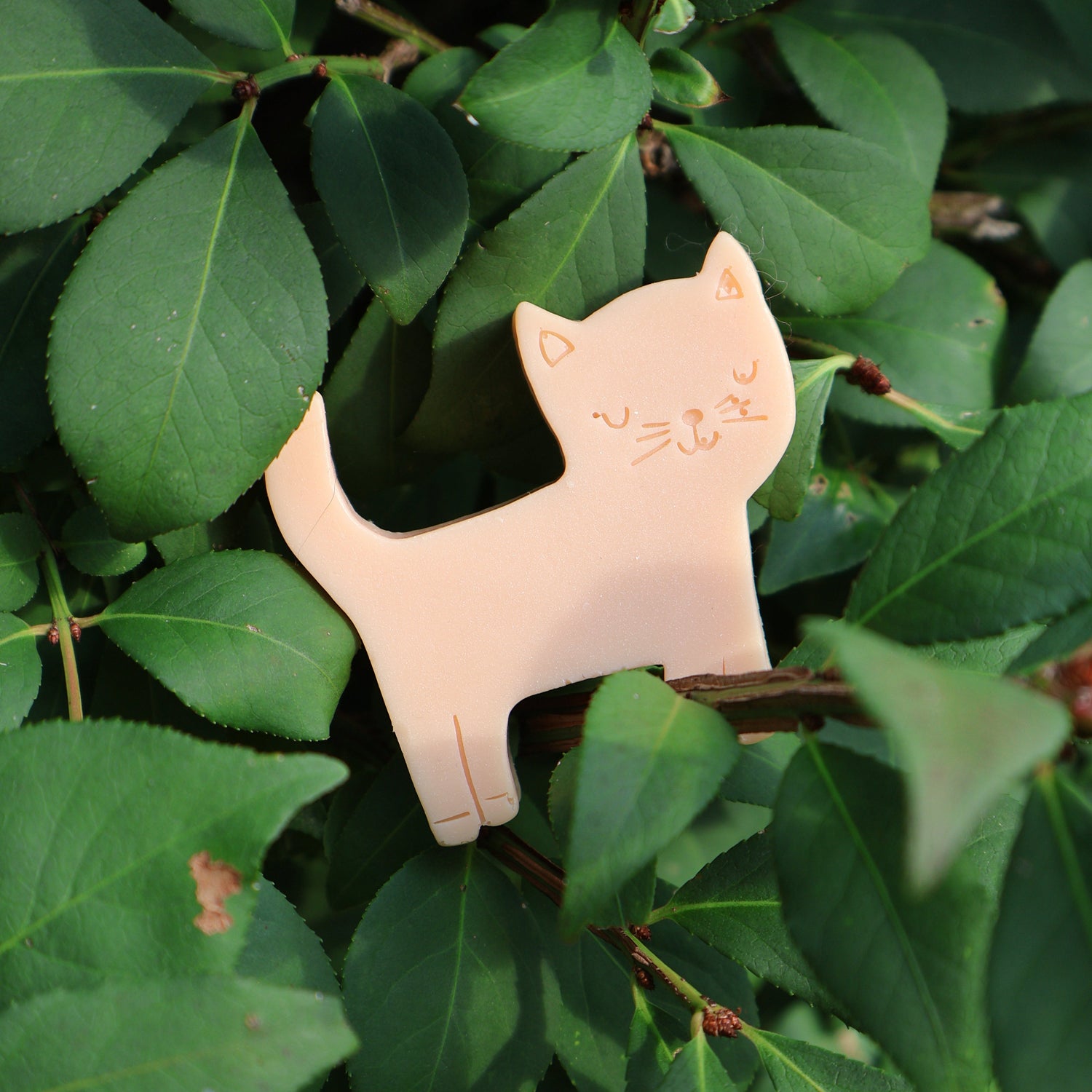 A small cat-shaped soap with simple line drawings of a face and tail, photographed nestled among green leaves outdoors.